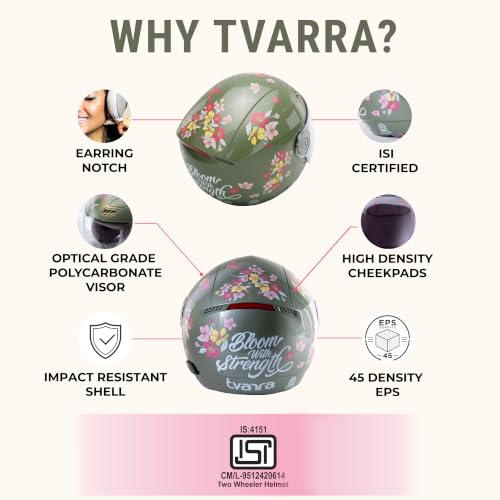 Image of TVARRA Blossom ISI Certified Women's Open Face Helmet Designer Helmet, Lightweight and Rainproof, Crafted for Women, Extreme Comfort Fit with Clear Visor (Jade Green, S /M: (55-56) cm)