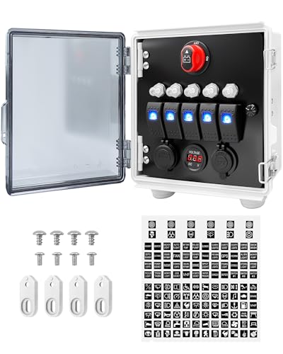 5 Gang Rocker Switch Box with USB ＆ PD Type C Dual Chargers Cigarette Lighter Socket Voltmeter Circuit Breakers, Marine Toggle Switch Panel for Car Truck Boat RV ATV UTV