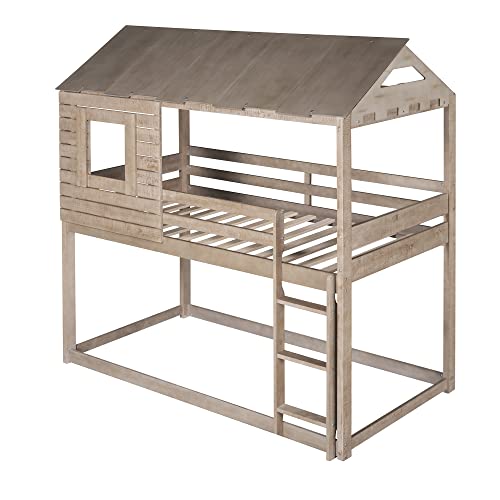 Lifeand Twin Over Twin Bunk Bed With Roof, Window, Guardrail, Ladder For Kids Teens (Antique Brown) #TOP2