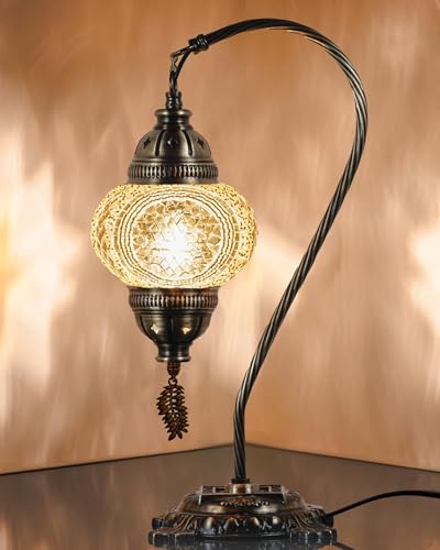 DEMMEX Turkish Moroccan Mosaic Table Lamp–Handcrafted Tiffany-Style Colorful Glass Swan Neck Bedside, Desk Light, Boho Artisan Accent Lighting for Bedroom, Living Room–38cm H, Gold
