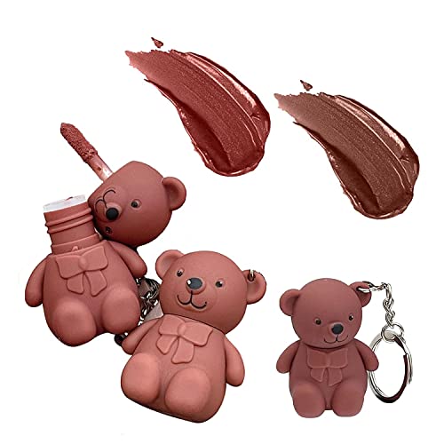 Dictamni Adorable 2-In-1 Key Chain Bear Lipstick & Mist Matte Velvet, Waterproof And Long-Lasting Lip Gloss For Beauty Makeup - Set Of 2 #TOP4