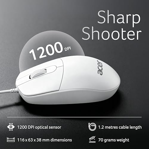 Image of Acer OfficeMate Wired Keyboard Mouse Combo | 104 Keys Full Size Keyboard | 1200 DPI Optical Mouse | USB Plug & Play | Silent Soft Touch Keys | Ergonomic Design | Windows Compatible I White