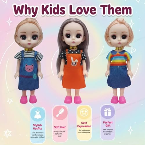 Image of SHAKTISM Pack of 3 Cuties Doll Set, 17 cm, PVC Non-Toxic Material, Soft Body, Assorted Dress Design