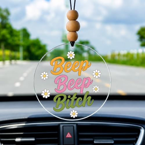 Talataca Beep Beep 2D Flat Car Ornament & Wood Beads, Funny Quote Beaded Rear View Mirror Accessories, Rearview Hanging Charm, Christmas Tree Decor