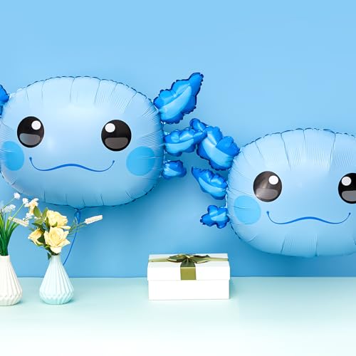 Image of 6 Pcs 34 Inch Axolotl Balloon Axolotl Birthday Party Decorations Aluminum Foil Inflatable Summer Supplies for Beach Themed Favor (Blue)