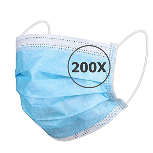 TBOC Mascarilla Higiénica Desechable - [Pack 200 Unidades] Máscara 3 Capas [Azul] Ligera Suave y Transpirable [No Reutilizable] con Pinza Nasal [Calidad Premium] Protección Facial Alta Filtración