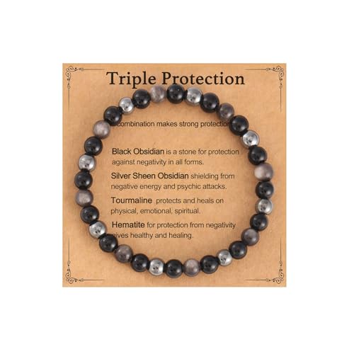 Triple Empath Protection Bracelet for Women Men, Natural Healing Crystal Bracelet