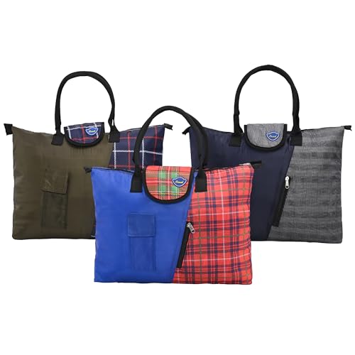 Image of Urbane Home Pack of 3 Foldable Shopping Bags For Women with 3 Small Pockets | Grocery /Vegetable Bags For Market | Blue,Brown & Grey