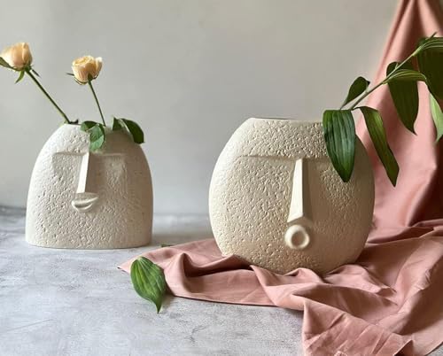 Image of Clay Soul Off-White Ceramic Face Vase Set of 2 - Smile & Blowing Kiss Design | Matte Finish | Handcrafted Flower Vases for Living Room, Table Centerpiece, Pampas Grass | Home & Office Decor