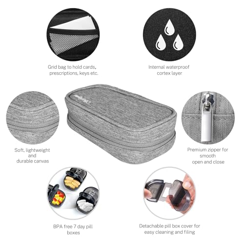 Image of Serfeymi Weekly Travel Pill Organizer 2 Times A Day AM PM Upgraded Black Pill Box 7 Day with Portable Zipper Canvas Pill Case, Medicine Organizer for Pills, Vitamins, Supplements, Fish Oils - Grey 01