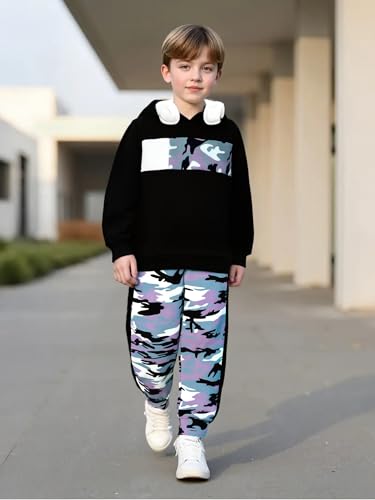 Image of 2-6T Toddler Baby Boy Clothes Long Sleeve Hooded Pullover Colorblock Sweatshirt + Pants 2pcs Fall Winter Outfit Set