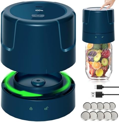 Electric Mason Jar Vacuum Sealer – 85kPa Strong Suction Vacuum Sealing Machine with Regular and Wide Mouth Mason Jar Lids – Silent Rechargeable Portable Vacuum Sealer for Food Storage – Blue