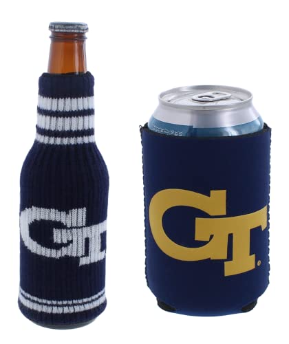 College Team Color Logo Can & Bottle Holder Insulator Beverage Cooler Set (Georgia Tech Yellow Jackets - Krazy/Kaddy)