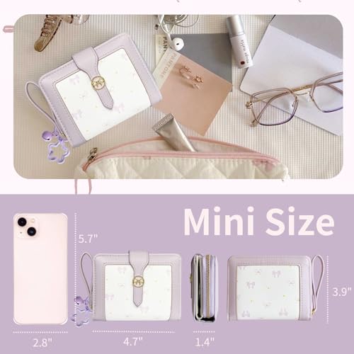Image of Cute Wallet Girls Bow Small Little Wallets For Women Zipper Coin Pocket Purse (Purple)