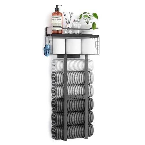 Towel Racks for Bathroom 31inch Wall Mounted Towel Rack,Floating Shelf with Wood Plank,Towel Storage for Bathroom can Holds 6 Large Rolled Towels,All Black