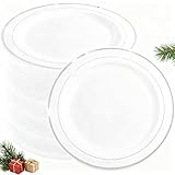 WELLIFE 144 Pieces Silver Plastic Dessert Plates, 7.5 inch Disposable Salad Plates, Premium White Appetizer Plates with Silver Rim, Ideal for Party, Wedding