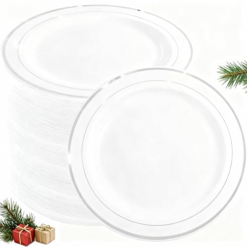 WELLIFE 144 Pieces Silver Plastic Dessert Plates, 7.5 inch Disposable Salad Plates, Premium White Appetizer Plates with Silver Rim, Ideal for Party, Wedding WELLIFE 144 Pieces Silver Plastic Dessert Plates, 7.5 inch Disposable Salad Plates, Premium White Appetizer Plates with Silver Rim, Ideal for Party, Wedding