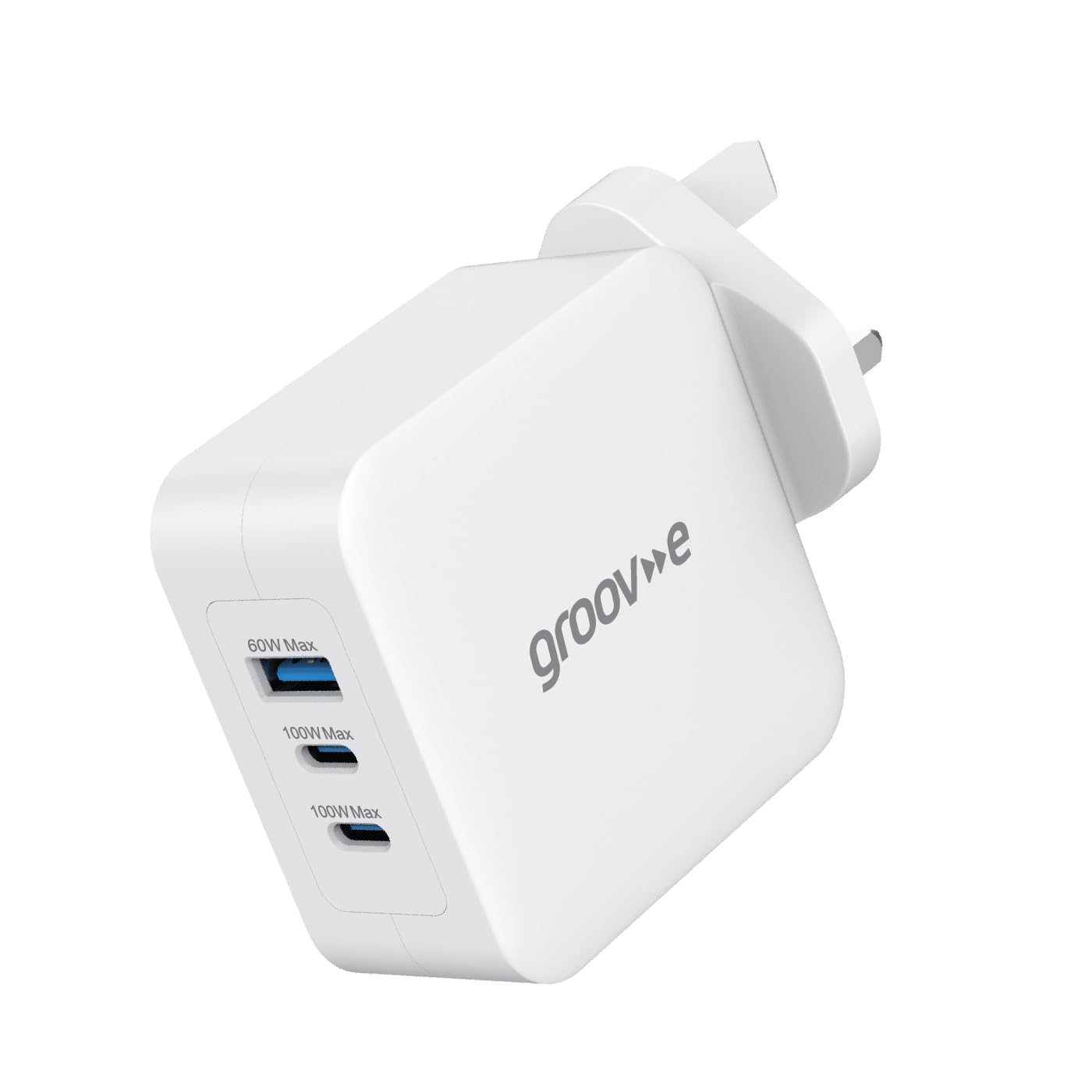 Groov-e GaN USB Wall Charger 100W - High-Power Multi-Port Fast-Charge Adaptor with USB-C Power Delivery for Smartphones, Tablets, and Laptops - White