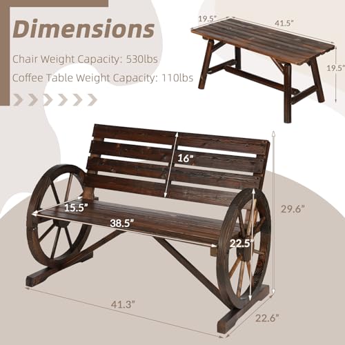 Image of 2-Piece Wooden Wagon Wheel Bench Set with Coffee Table, 2-Person Rustic Wood Garden Bench W /Wagon Wheel Armrests & Slatted Backrest, Outdoor Patio Loveseat Furniture Set for Lawn Yard Park