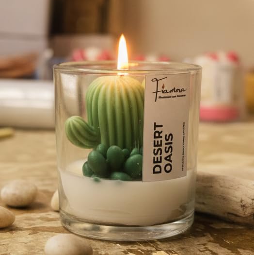 Image of Desert Oasis Cactus Scented Jar Candle | 200gm Soy Wax with 3D Cactus Topper | Warm Sandalwood Fragrance | Unique Succulent Decor Gift for Christmas & New Year's