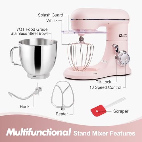 Image of Kitchen in the box 7QT 900W 10-Speed Stand Mixer, Tilt-Head Kitchen Electric Mixer with Dough Hook, Whisk & Flat Beater(Rose pink)