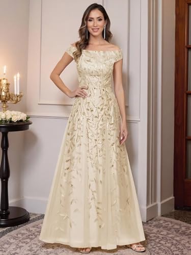 Sequin Mother of The Bride Dresses for Women Off The Shoulder Long Lace Tulle Formal Evening Dresses3