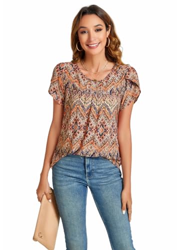 SUNNEGOO Women's Short Sleeve Tops Summer Shirts Loose Casual Flowy Blouses Pleated Print Tunic Tops for Women4