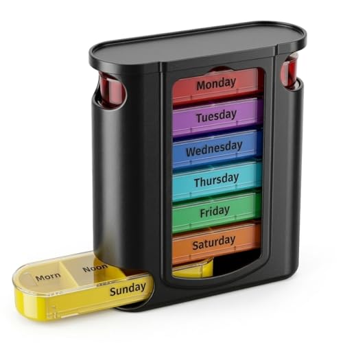 Weekly Pill Organizer 7 Day Pill Organizer 4 Times a Day Medication Reminder Medicine Organizer with 7 Individual Stacking Cases for Medication Vitamins Fish Oils Supplements (Model 4.0)