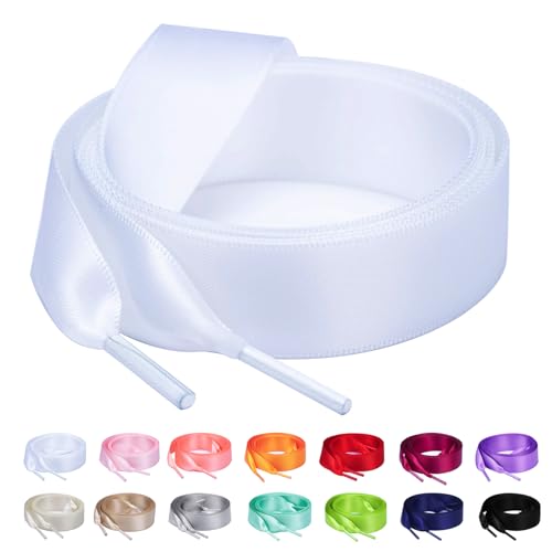 Booyckiy Flat Colorful Satin Ribbon Shoelaces 3/4' Wide Shoe Laces for Women Girls, White 47inch (120) cm