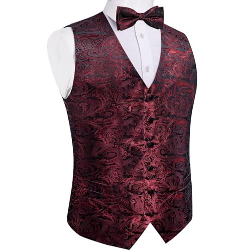 Image of DiBanGu Mens Paisley Suit Waistcoat,Silk Dress Vest and Bowtie Pocket Square Cufflinks with Lapel Pin Set for Wedding Tuxedo