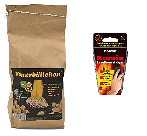 Raiffeisen Waren - Palline di fuoco da 0.5 kg + detergente per vetri RAKSO 1 pezzo durata circa 10 min accendifuoco + senza prodotti chimici pulisce lubrificazione e graffi