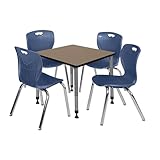 Romig Trek 30 in. Square Adjustable Classroom Table- Noble Oak Top, Grey Base & 4 Andy 18 in. Blue Stack Chairs