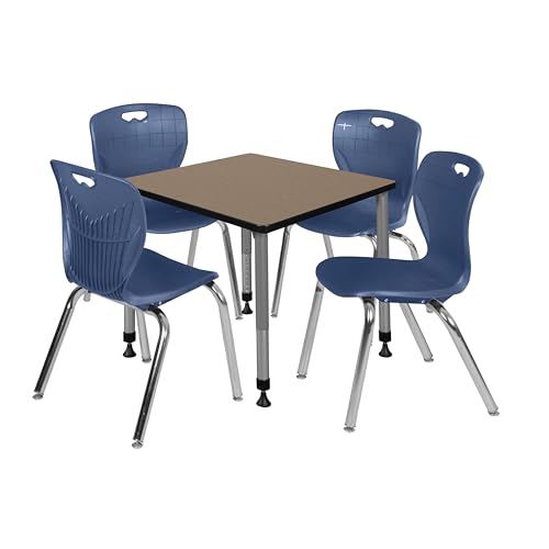 Romig Trek 30 in. Square Adjustable Classroom Table- Noble Oak Top, Grey Base & 4 Andy 18 in. Blue Stack Chairs