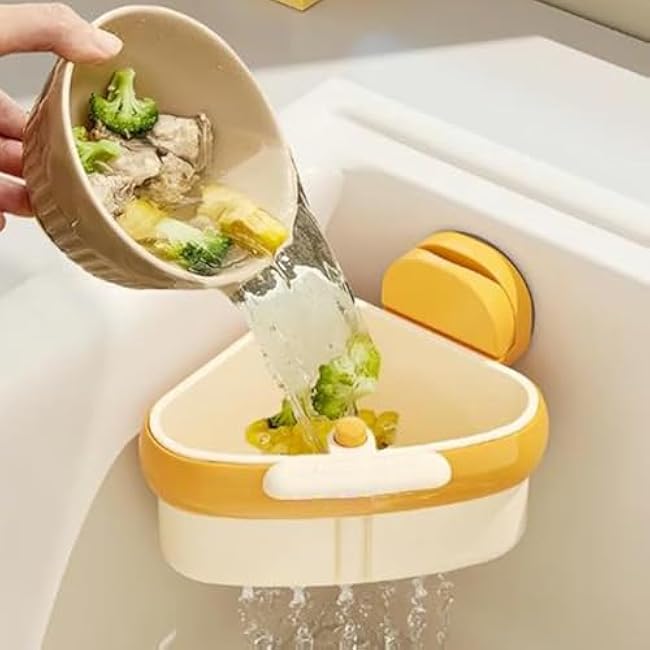 Wideous - Curetoaway Suction Cup Sink Corner Rack, Suction Cup Sponge Holder for Kitchen Sink, Food Waste Catcher with One-Press Bottom Release, Quickly Drop Collected Food Waste, No-Touch (Yellow)
