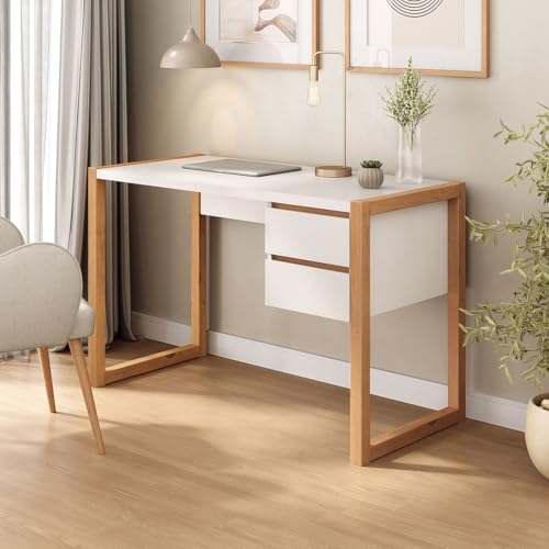 IDIMEX Bureau en Bois Belinda L 119 cm 2 Tiroirs Coloris Blanc et Chêne Table de Travail Bureau Droit Compact avec Rangement