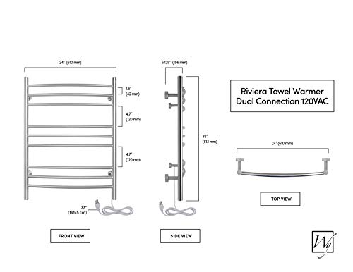 Warmlyyours, Riviera 9 Bar Electric Radiant Heated Towel Warmer, Brushed, Dual Connection #TOP5