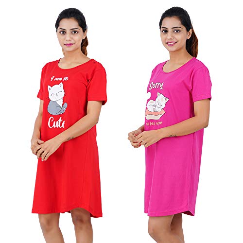 Image of Buy That Trendz Printed Cotton Short Night Dress for Women 2 Pcs Combo I am So Cute Red Sorry My Bed Needs Me Rani Pink
