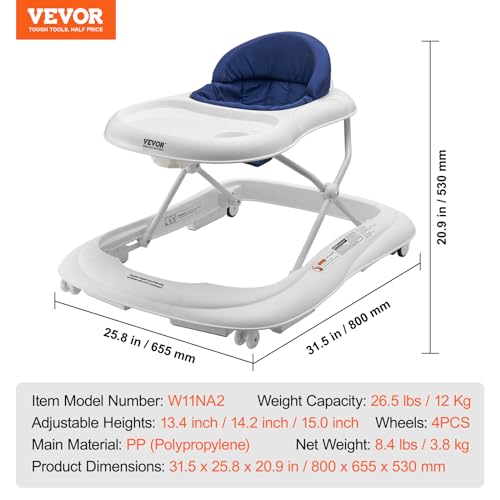 Image of VEVOR Baby Walker, Foldable Baby Walkers and Activity Center on Wheels, 3-Level Height Adjustable Toddler Infant Walker with Feeding Tray, Anti-Rollover Activity Walker Helper for Boy Girl 6-12 Months