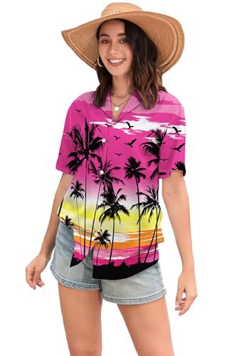 Image of SANGTREE Girls & Women's Hawaiian Shirts Button Down Short Sleeve Floral Tropical Shirt Beach Vacation Blouse Tops
