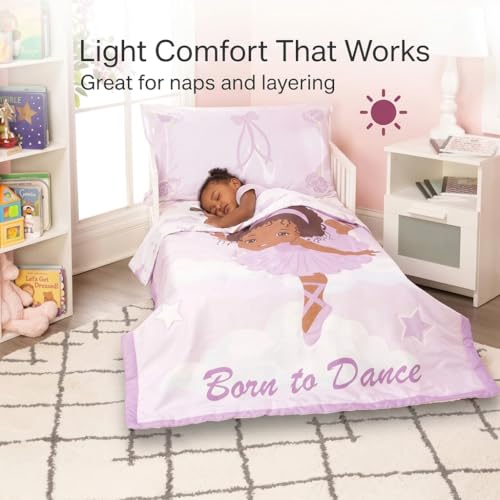 Image of EVERYDAY KIDS 4 Piece Toddler Bedding Set - African American Ballerina - Includes Comforter, Flat Sheet, Fitted Sheet and Reversible Pillowcase - Girls Toddler Bedding