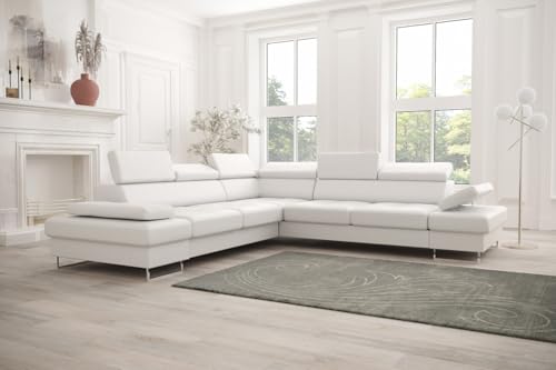 Friderik Ecksofa Galaxy MAX mit Schlaffunktion & Bettkasten – Kunstleder MADRIT, verstellbare Kopfstützen & Armlehne (Weiß, Links)