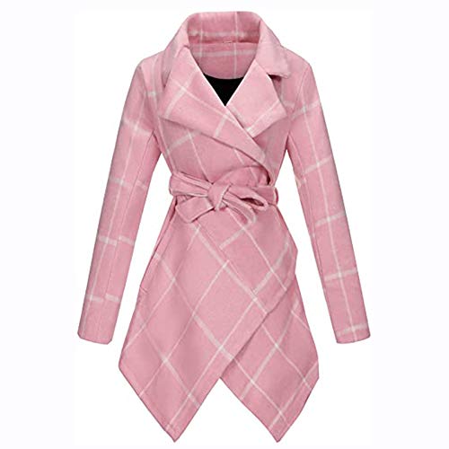 Winter Warm Jacket,Women's Turn Down Collar Grid Coat Belted Wool Blend Coat Asymmetric Hem Wrap Coat (M, Pink01)