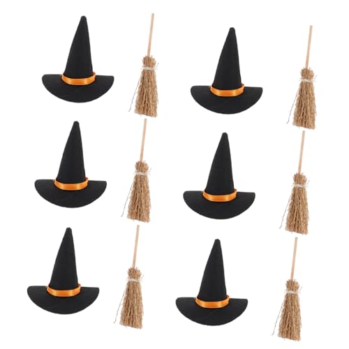 Chapeaux en feutrine et mini balais de sorcière en bois naturel de 12 pièces