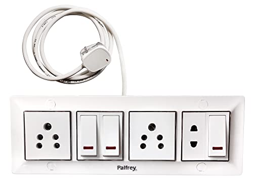 Image of Palfrey Extension Board - Two 6A Socket and One Two Pin Socket & Three 6A Switch with Indicator | 6A 3 Pin Plug with Indicator | 1.0 sqmm 3 core Cable | White Color | 10 Meter