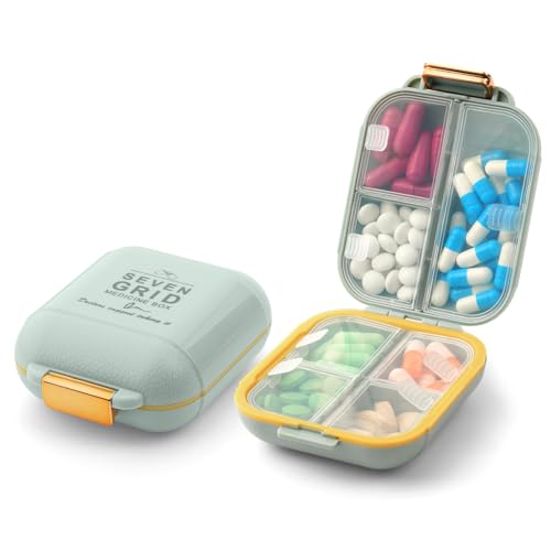 Fefod Pastillero de Viaje, Pastillero Diario para 7 Días con 7 Compartimentos, Pastillero de Viaje Portátil Dosificador de Comprimidos, Organizador de Medicamentos para Viajes y Uso Diario (Verde)
