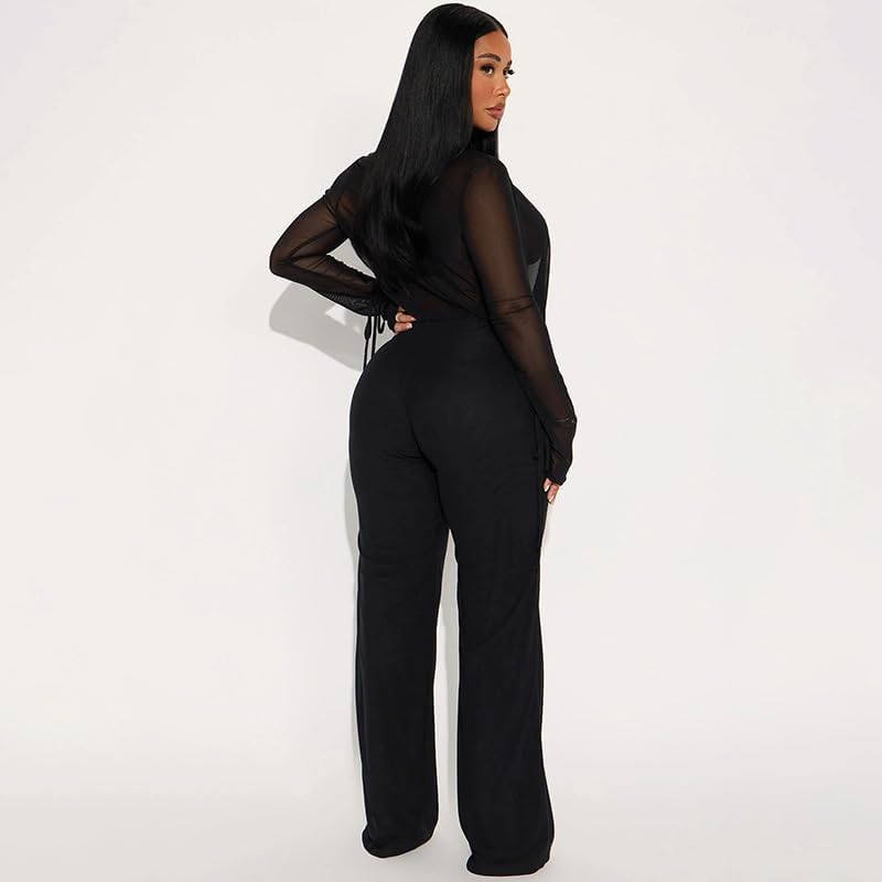 Women's Sexy 2 Piece Outfits Mesh See Through Deep V Neck Top and Long Pants Set Going Out Club Outfit - Image 4