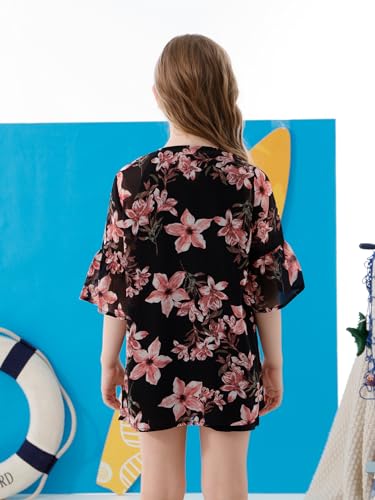 GORLYA Girl's Floral Print Chiffon Beach Cardigan Cover ups Kids Casual Kimono Capes Swimsuit Wraps(GOR1128,12Y,PinkFlower) - Thumbnail 2