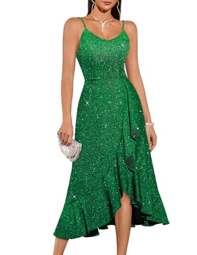 DRESSTELLS Cocktail Dresses for Women, Spring Sequin Formal Wedding Guest Mother Bride Sparkly Prom Party Spaghetti Strap Gala Dress Glitter Green XL