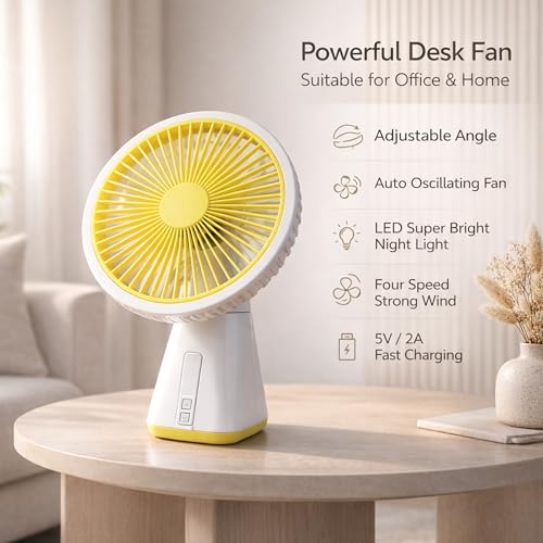 Image of REXERA ๐ inch ๐๐ง๐๐ก Rechargeable Desktop Mini ๐๐ฌ๐๐ข๐ฅ๐ฅ๐๐ญ๐ข๐ง๐ ๐
๐๐ง with ๐๐๐ Lighting | High Speed Rechargeable Table Fan for Home | ๐ ๐๐ฉ๐๐๐ Portable fan for Kitchen Home (Yellow)