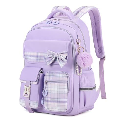 QIXIHU Girls Backpack Kids Backpack for Girls School Bags with Pen Case Bow Plaid Book Bag for Elementary Middle Primary High School College
